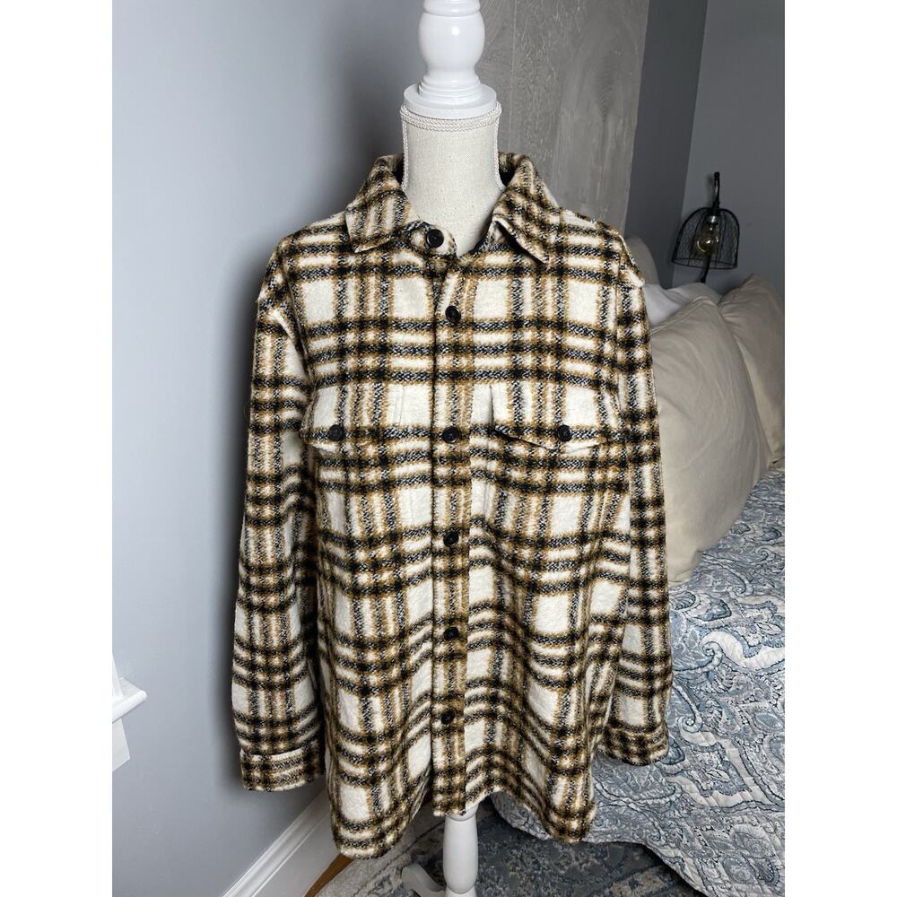 Express Plaid Wool Blend Shacket Jacket Womens XL Cream Brown Button Front
